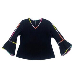 Berek Women's Size L Black V Neck Long Sleeve Shirt Colorful Trim